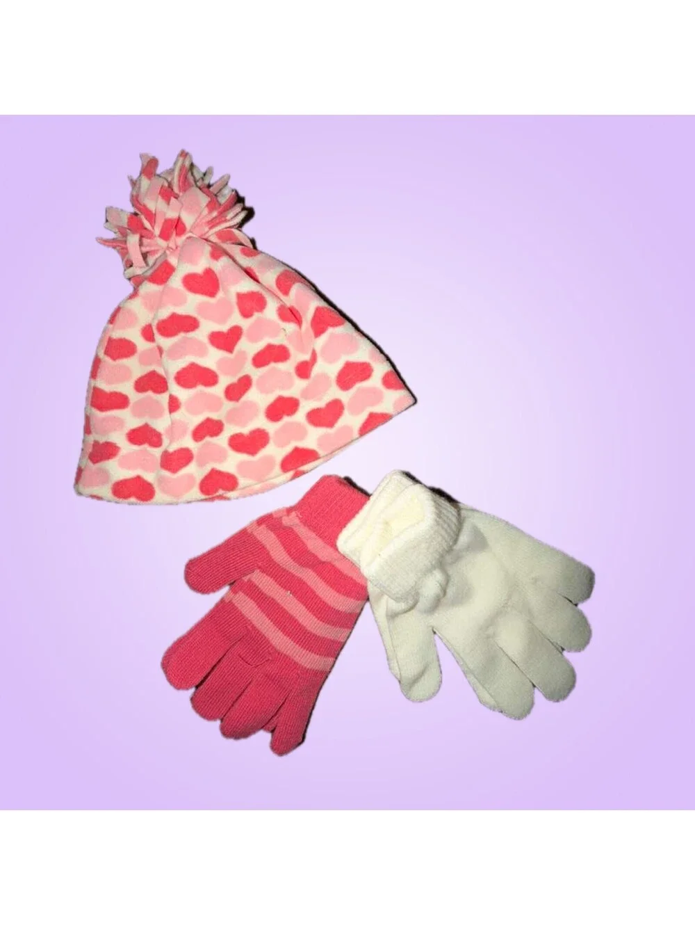 Old Navy Girls S/M Heart Fleece Hat with 2 New Pairs of Gloves